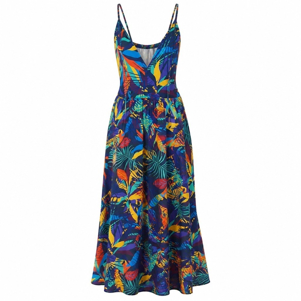Tropical Leaf Print Maxi Dress Blue Orange Yellow V-Neck Sleeveless Summer Boho
